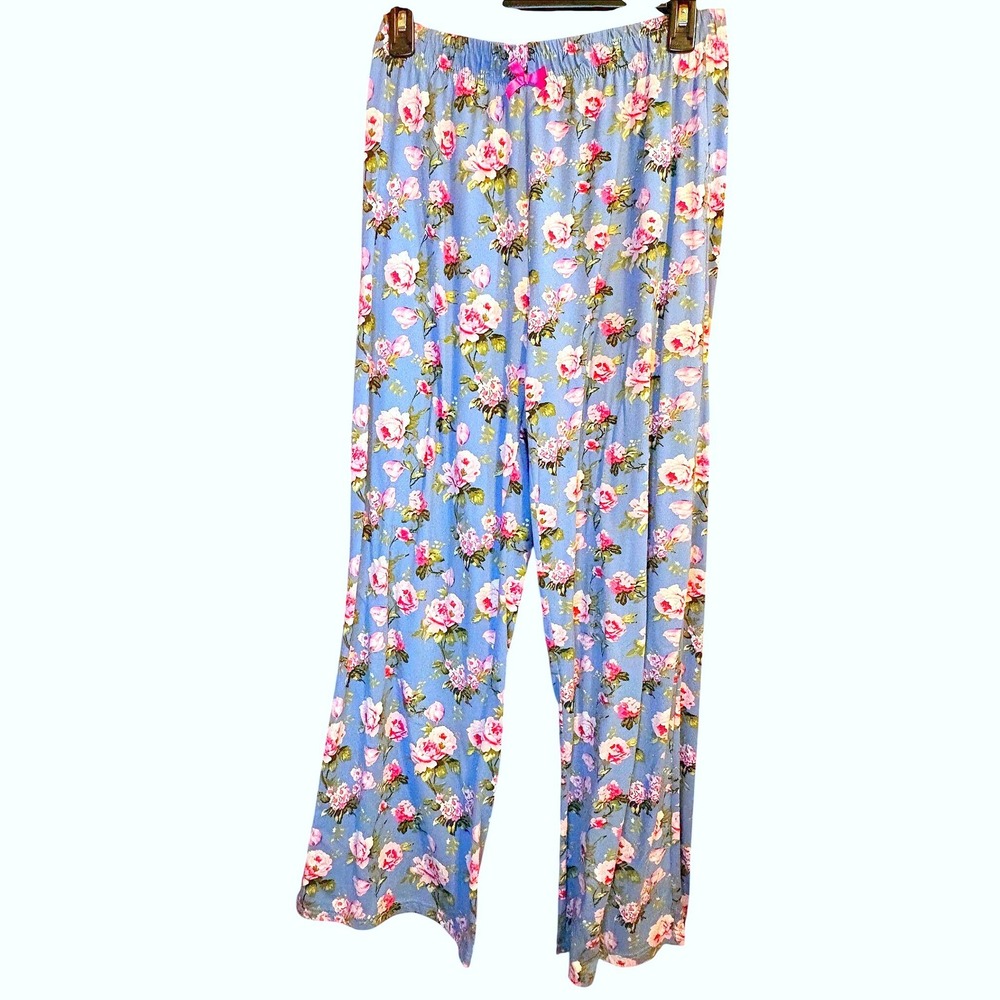 Sophie Sue Blue Pink Rose Floral Wide Leg Pajama Pants Medium Lounge Bottoms